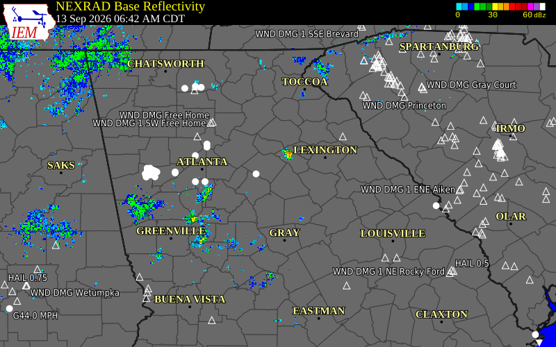 Current NEXRAD radar over Oconee County, Georgia with recent storm report locations