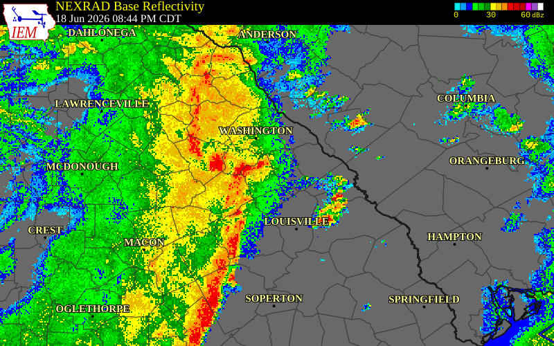 NEXRAD radar during the Thursday, June 18, 2026 storm activity in Oglethorpe County, Georgia