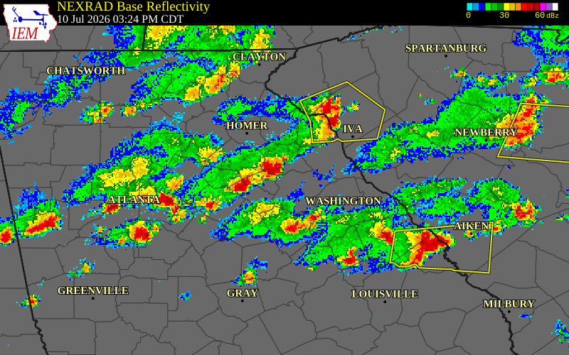 NEXRAD radar during the Friday, July 10, 2026 storm activity in Oglethorpe County, Georgia