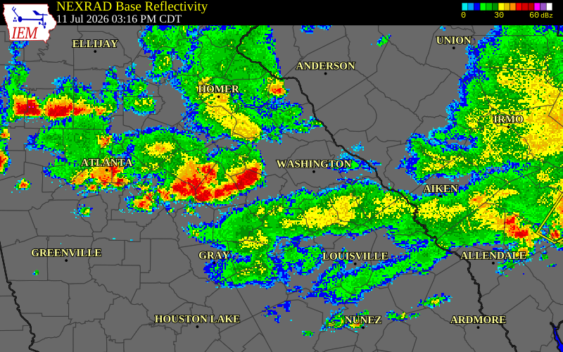 NEXRAD radar during the Saturday, July 11, 2026 storm activity in Oglethorpe County, Georgia