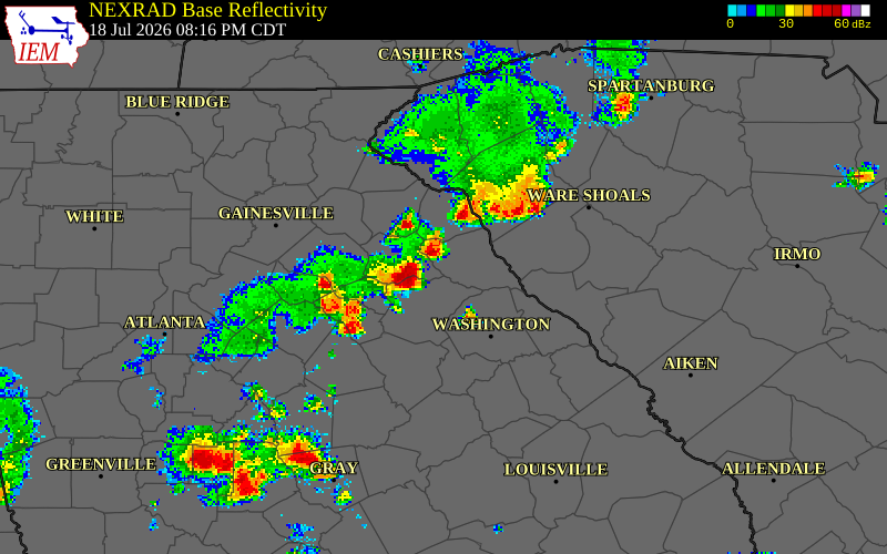 NEXRAD radar during the Saturday, July 18, 2026 storm activity in Oglethorpe County, Georgia