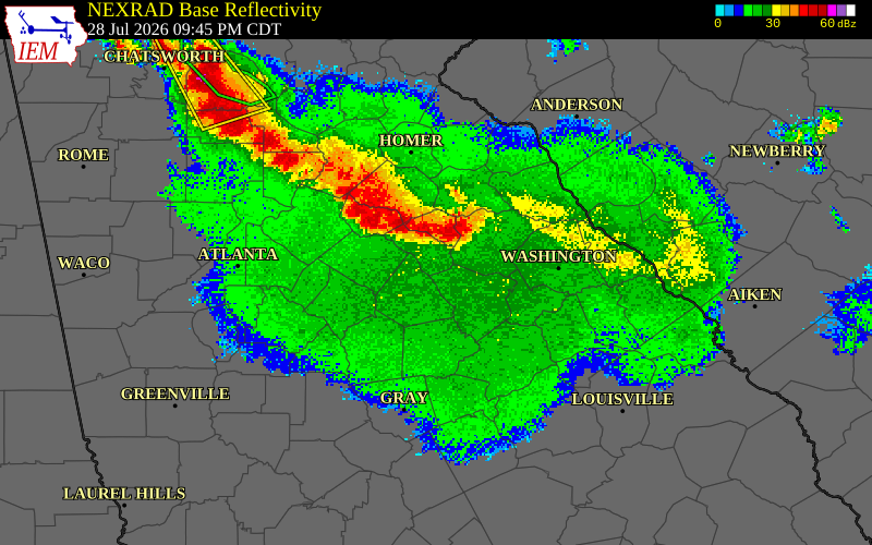 NEXRAD radar during the Tuesday, July 28, 2026 storm activity in Oglethorpe County, Georgia
