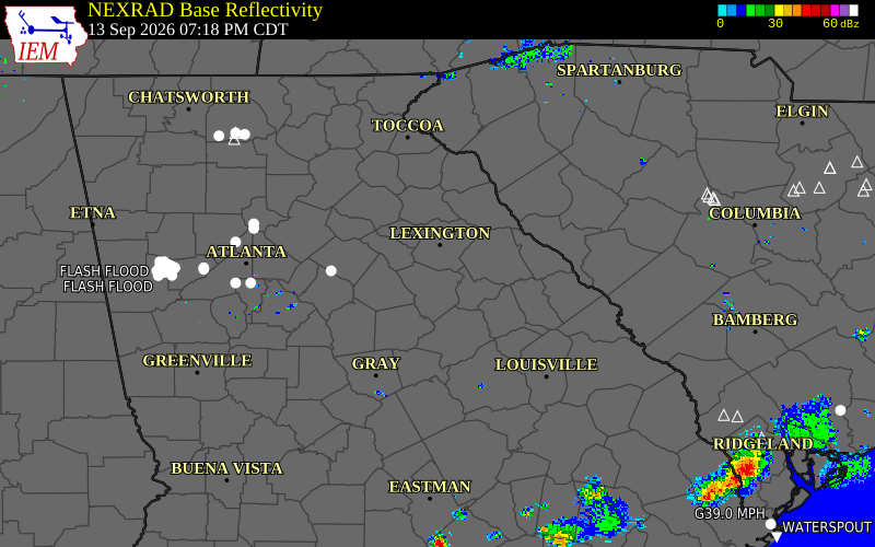 Current NEXRAD radar over Oglethorpe County, Georgia with recent storm report locations