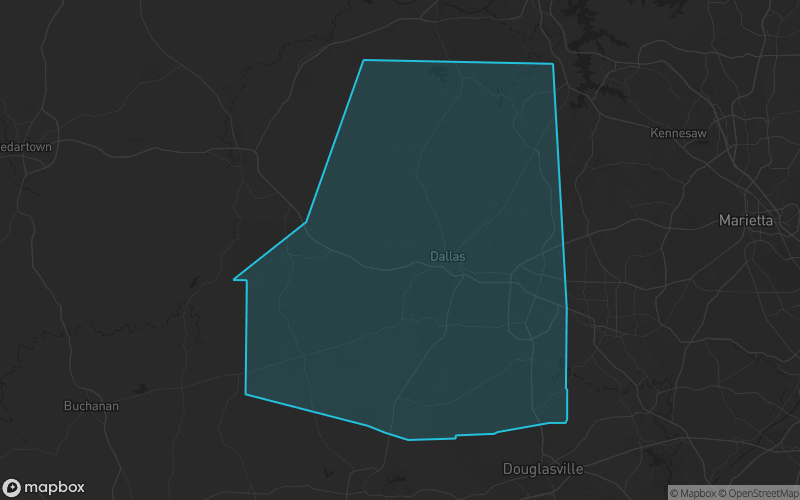 Map of Paulding County, Georgia showing the county boundary and surrounding cities