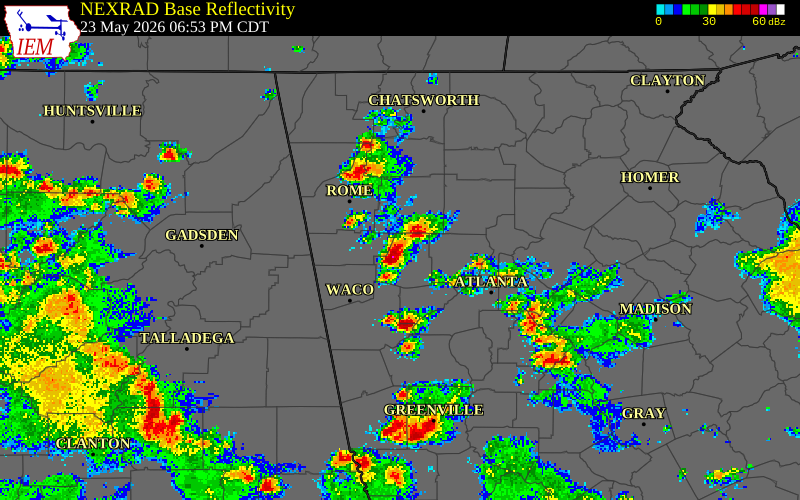 NEXRAD radar during the Saturday, May 23, 2026 storm activity in Paulding County, Georgia