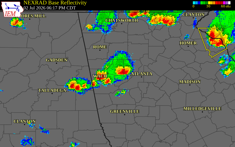 NEXRAD radar during the Thursday, July 2, 2026 storm activity in Paulding County, Georgia