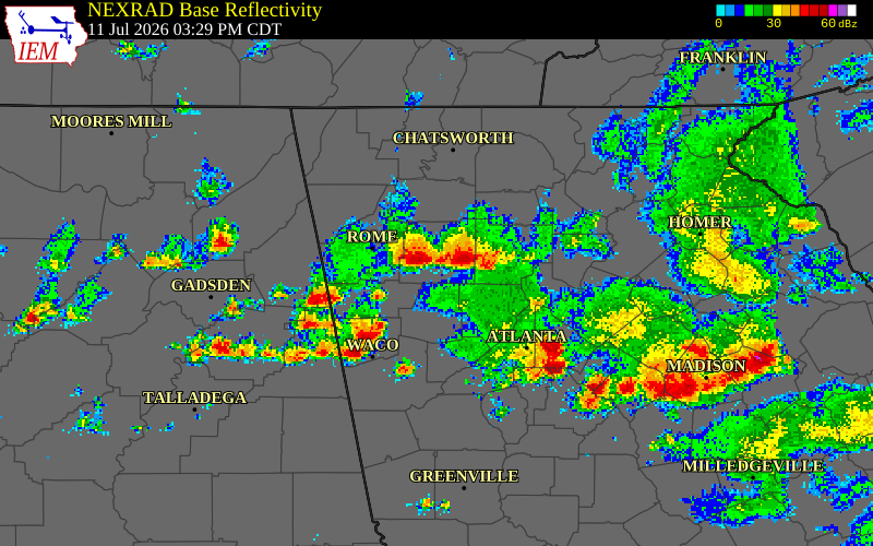 NEXRAD radar during the Saturday, July 11, 2026 storm activity in Paulding County, Georgia