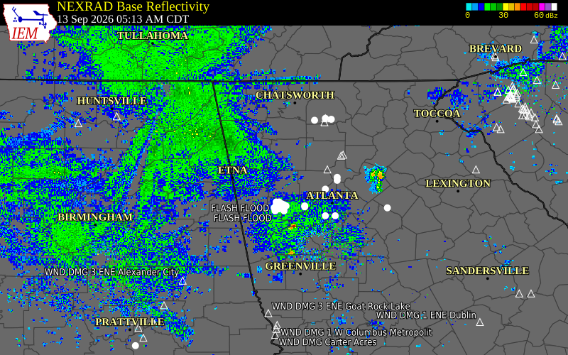 Current NEXRAD radar over Paulding County, Georgia with recent storm report locations