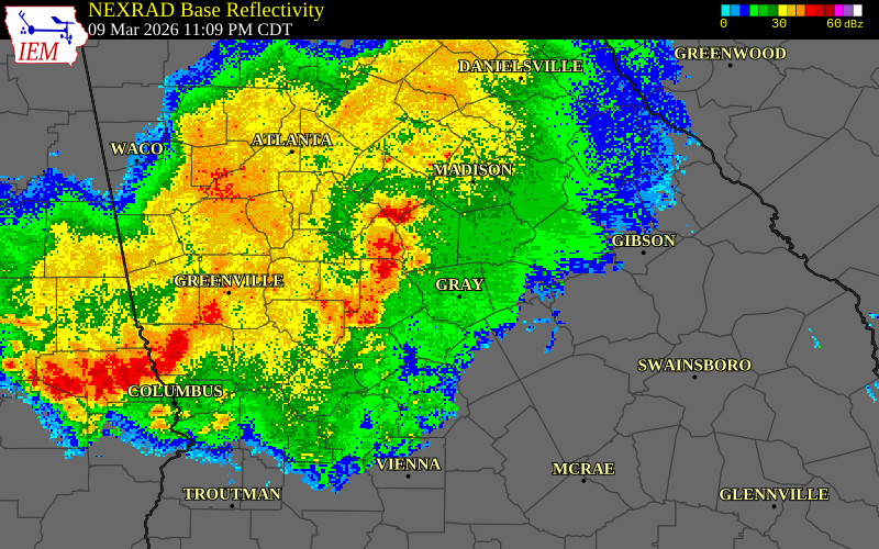 NEXRAD radar during the Tuesday, March 10, 2026 storm activity in Peach County, Georgia