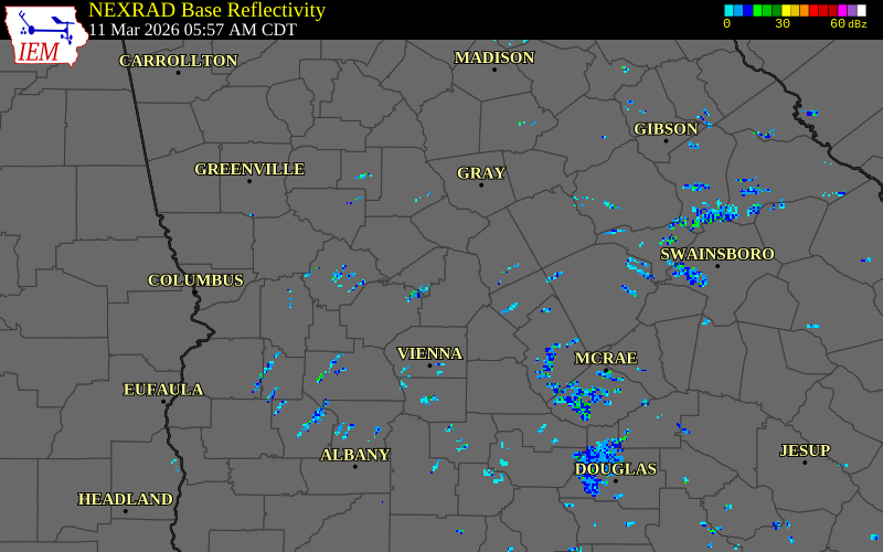 NEXRAD radar during the Wednesday, March 11, 2026 storm activity in Peach County, Georgia