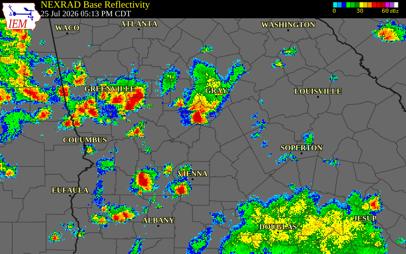NEXRAD radar during the Saturday, July 25, 2026 storm activity in Peach County, Georgia
