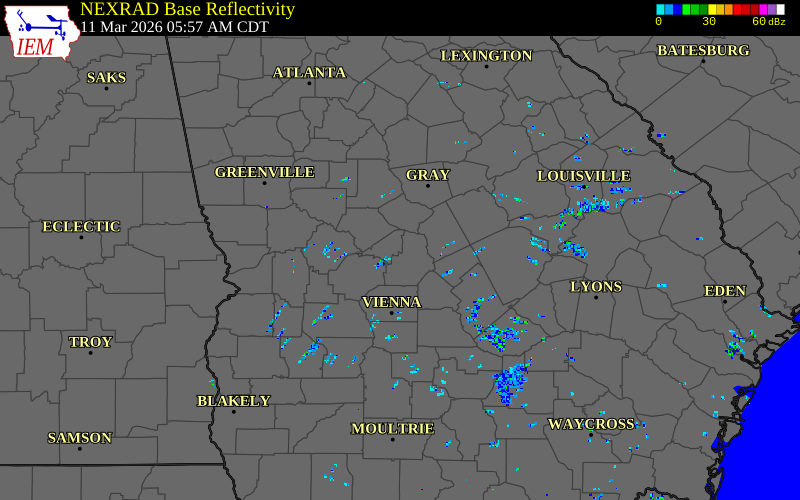 Radar snapshot during the Mar 11, 2026 tornado event near 2 S Lakewood, Peach County, Georgia, with NWS warning polygons