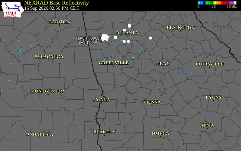Current NEXRAD radar over Peach County, Georgia with recent storm report locations