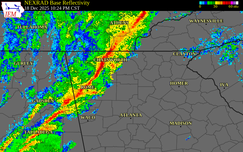 NEXRAD radar during the Thursday, December 18, 2025 storm activity in Pickens County, Georgia