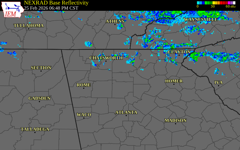 NEXRAD radar during the Wednesday, February 25, 2026 storm activity in Pickens County, Georgia