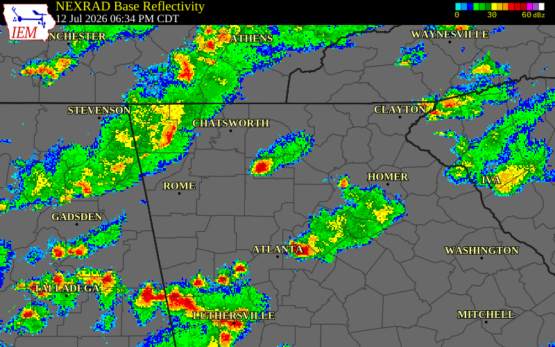 NEXRAD radar during the Sunday, July 12, 2026 storm activity in Pickens County, Georgia