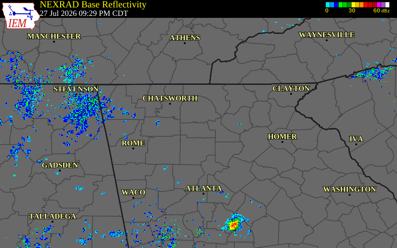 NEXRAD radar during the Monday, July 27, 2026 storm activity in Pickens County, Georgia