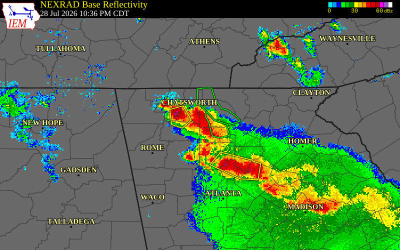 NEXRAD radar during the Tuesday, July 28, 2026 storm activity in Pickens County, Georgia