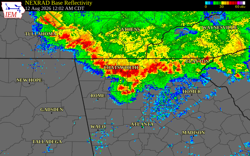 NEXRAD radar during the Wednesday, August 12, 2026 storm activity in Pickens County, Georgia