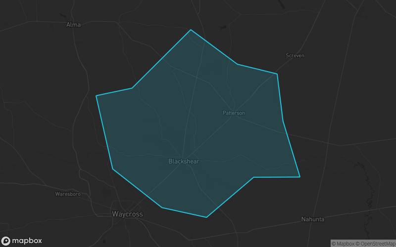 Map of Pierce County, Georgia showing the county boundary and surrounding cities