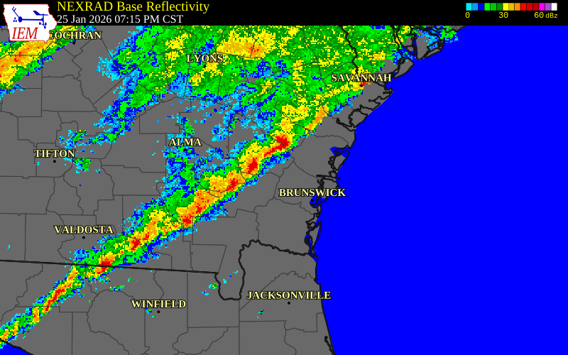 NEXRAD radar during the Sunday, January 25, 2026 storm activity in Pierce County, Georgia