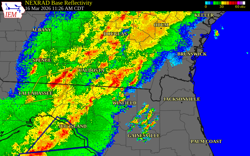 NEXRAD radar during the Monday, March 16, 2026 storm activity in Pierce County, Georgia