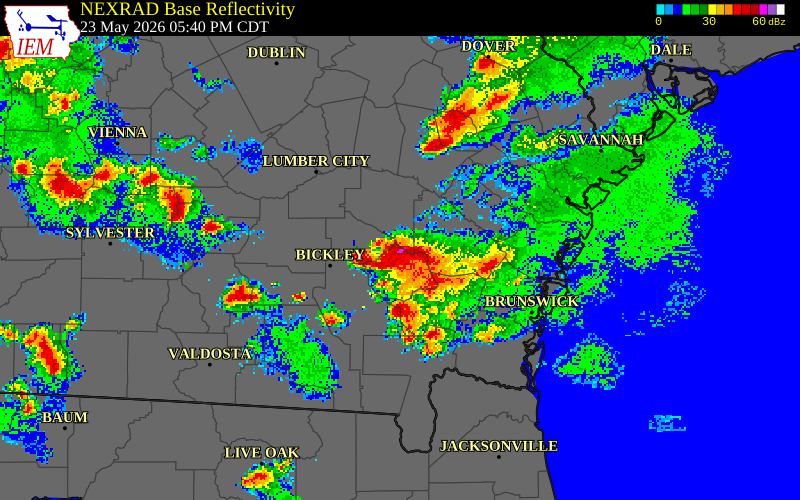 NEXRAD radar during the Saturday, May 23, 2026 storm activity in Pierce County, Georgia