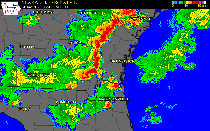 NEXRAD radar during the Sunday, June 14, 2026 storm activity in Pierce County, Georgia