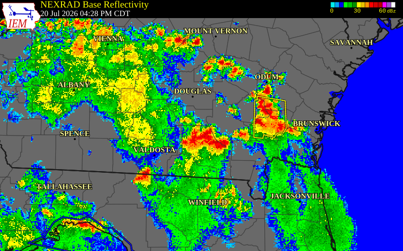 NEXRAD radar during the Monday, July 20, 2026 storm activity in Pierce County, Georgia