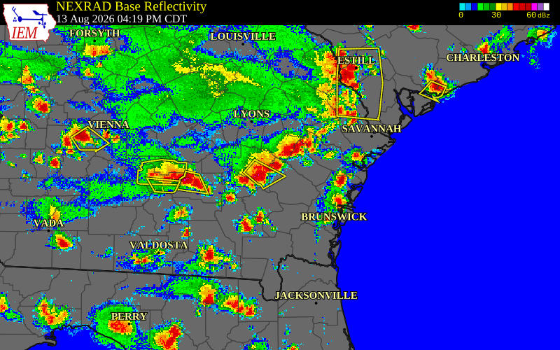 Radar snapshot during the Aug 13, 2026 wind event near Pierce County, Pierce County, Georgia, with NWS warning polygons