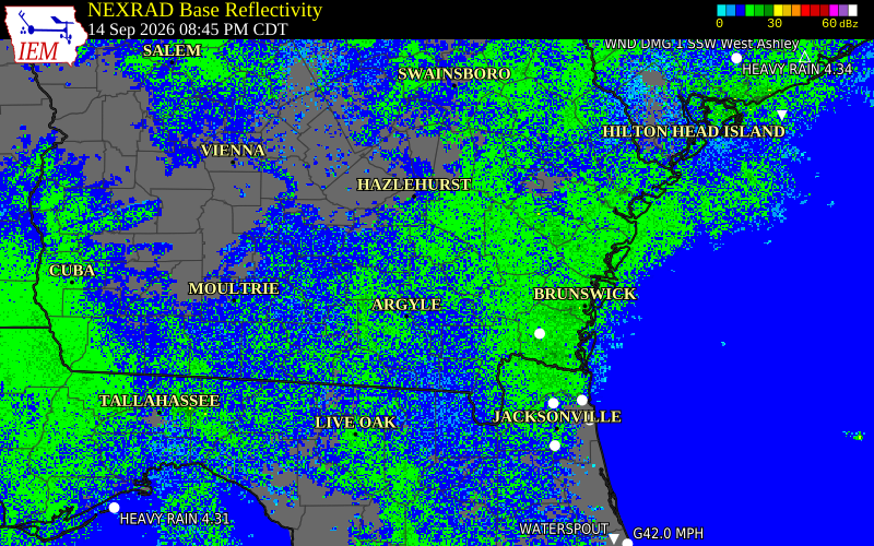 Current NEXRAD radar over Pierce County, Georgia with recent storm report locations