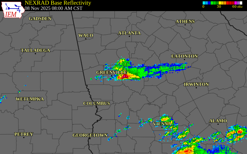 NEXRAD radar during the Saturday, November 8, 2025 storm activity in Pike County, Georgia