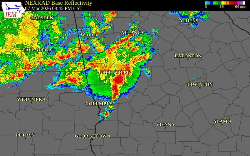 NEXRAD radar during the Saturday, March 7, 2026 storm activity in Pike County, Georgia