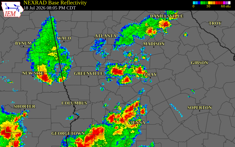 NEXRAD radar during the Saturday, July 18, 2026 storm activity in Pike County, Georgia