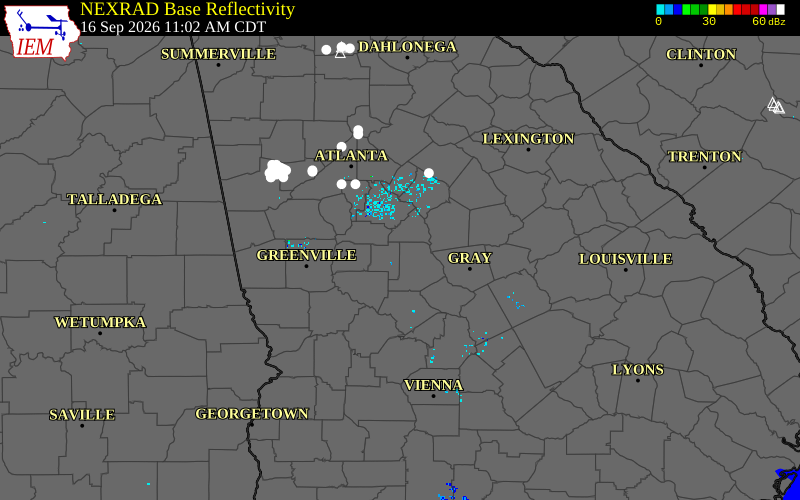 Current NEXRAD radar over Pike County, Georgia with recent storm report locations