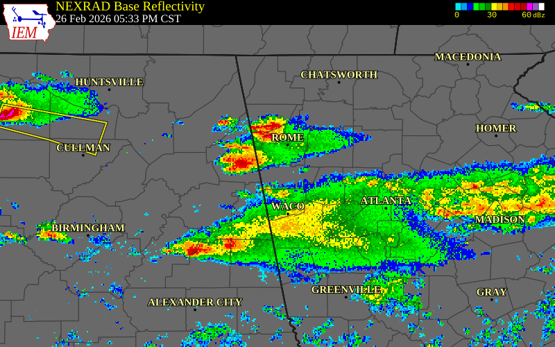 NEXRAD radar during the Thursday, February 26, 2026 storm activity in Polk County, Georgia