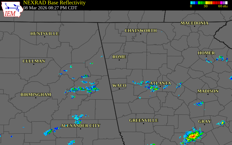 NEXRAD radar during the Sunday, March 8, 2026 storm activity in Polk County, Georgia