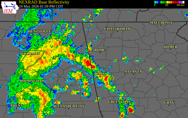 NEXRAD radar during the Sunday, May 24, 2026 storm activity in Polk County, Georgia