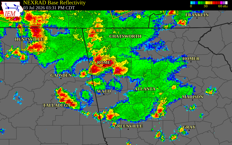 NEXRAD radar during the Friday, July 3, 2026 storm activity in Polk County, Georgia