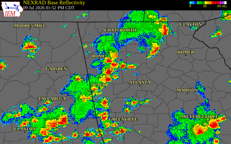 NEXRAD radar during the Thursday, July 9, 2026 storm activity in Polk County, Georgia