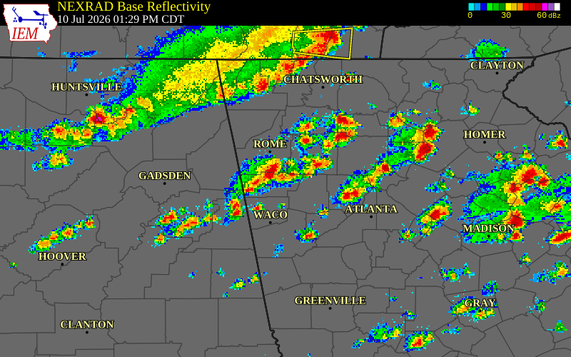 NEXRAD radar during the Friday, July 10, 2026 storm activity in Polk County, Georgia