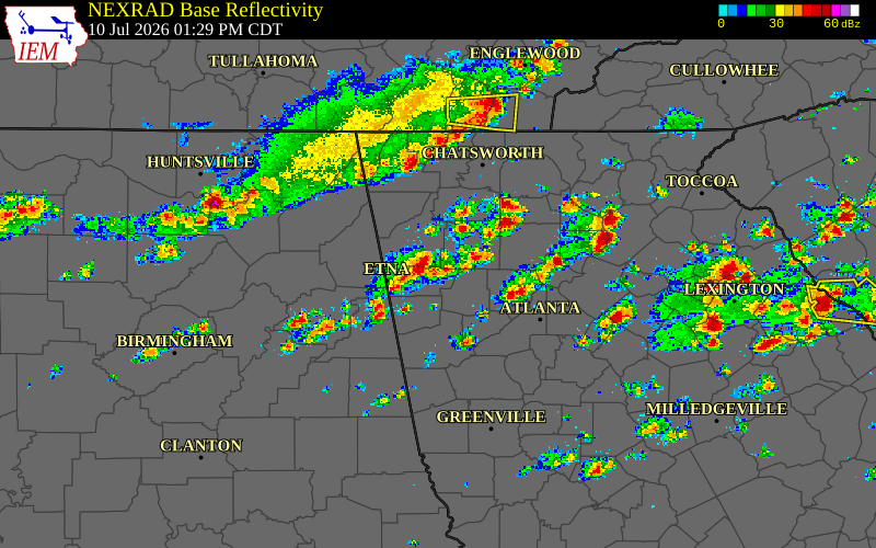 Radar snapshot during the Jul 10, 2026 wind event near Polk County, Polk County, Georgia, with NWS warning polygons