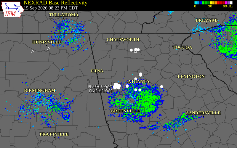 Current NEXRAD radar over Polk County, Georgia with recent storm report locations