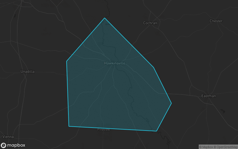 Map of Pulaski County, Georgia showing the county boundary and surrounding cities