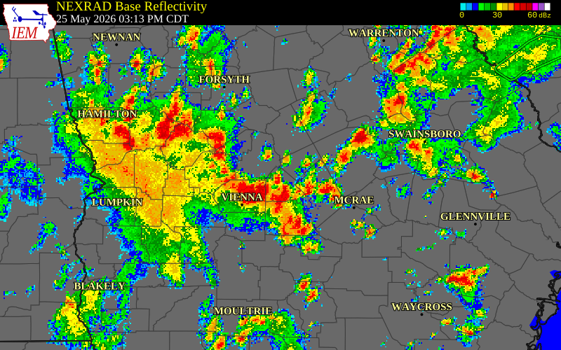 NEXRAD radar during the Monday, May 25, 2026 storm activity in Pulaski County, Georgia