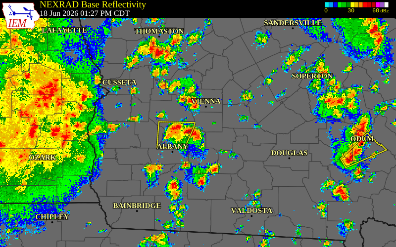 NEXRAD radar during the Thursday, June 18, 2026 storm activity in Pulaski County, Georgia