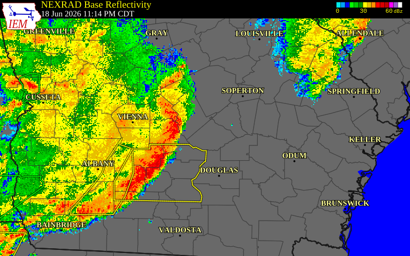 NEXRAD radar during the Friday, June 19, 2026 storm activity in Pulaski County, Georgia