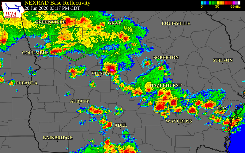 NEXRAD radar during the Saturday, June 20, 2026 storm activity in Pulaski County, Georgia