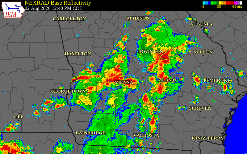 Radar snapshot during the Aug 2, 2026 wind event near Pulaski County, Pulaski County, Georgia, with NWS warning polygons