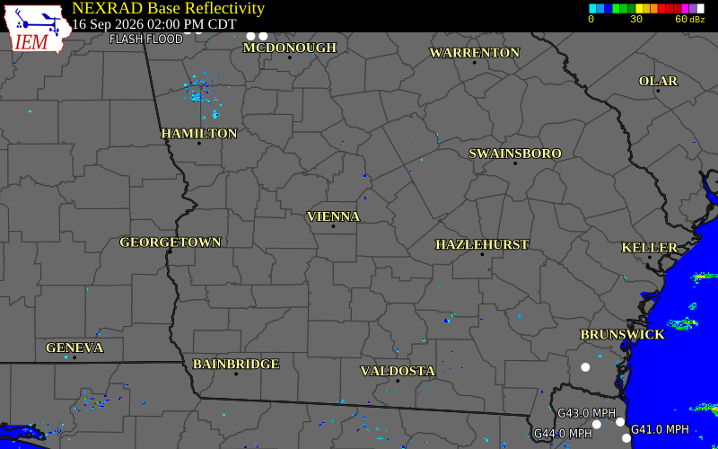 Current NEXRAD radar over Pulaski County, Georgia with recent storm report locations